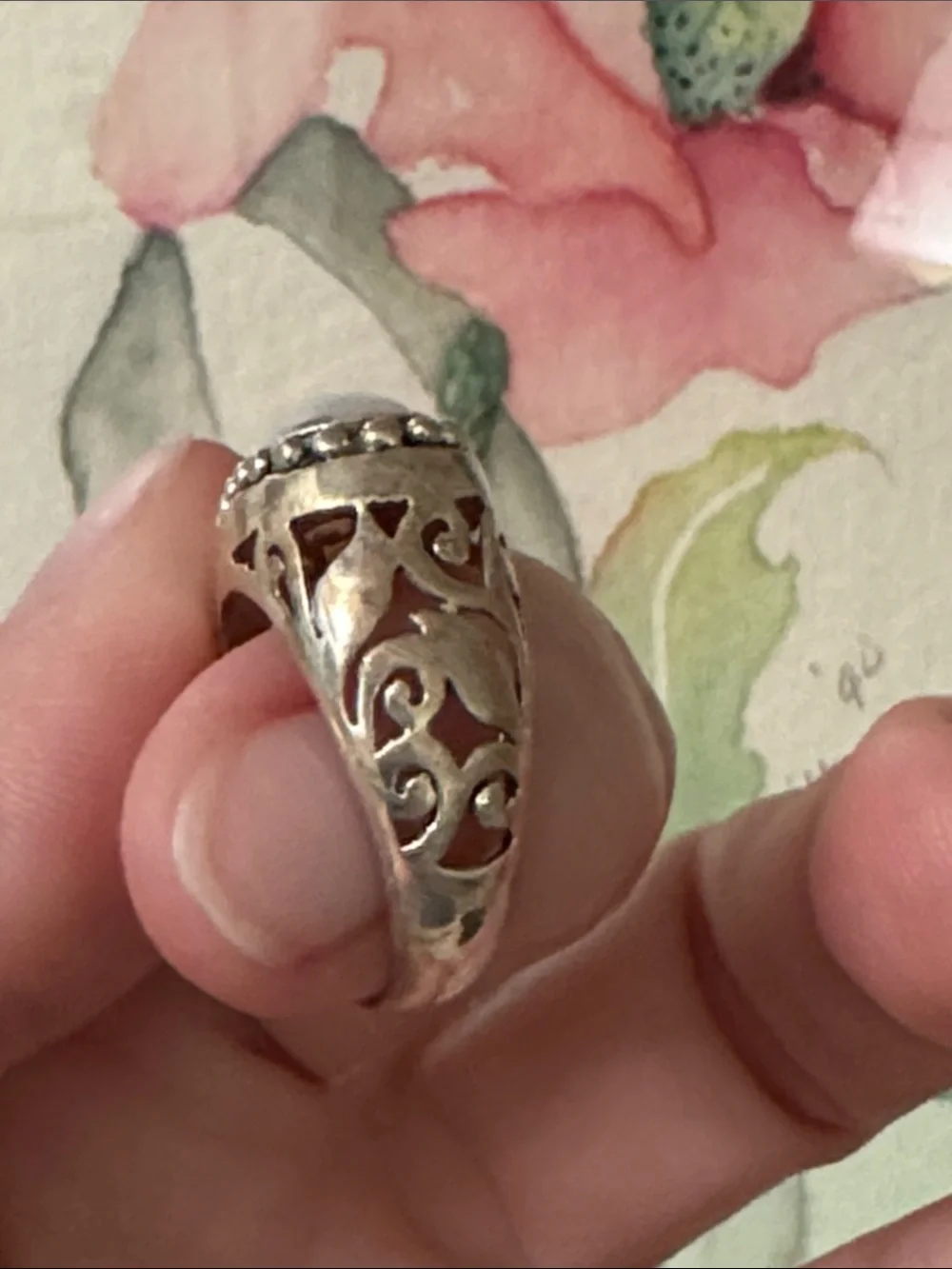 Sterling Silver Ring with White Center Stone and Beaded Edge
